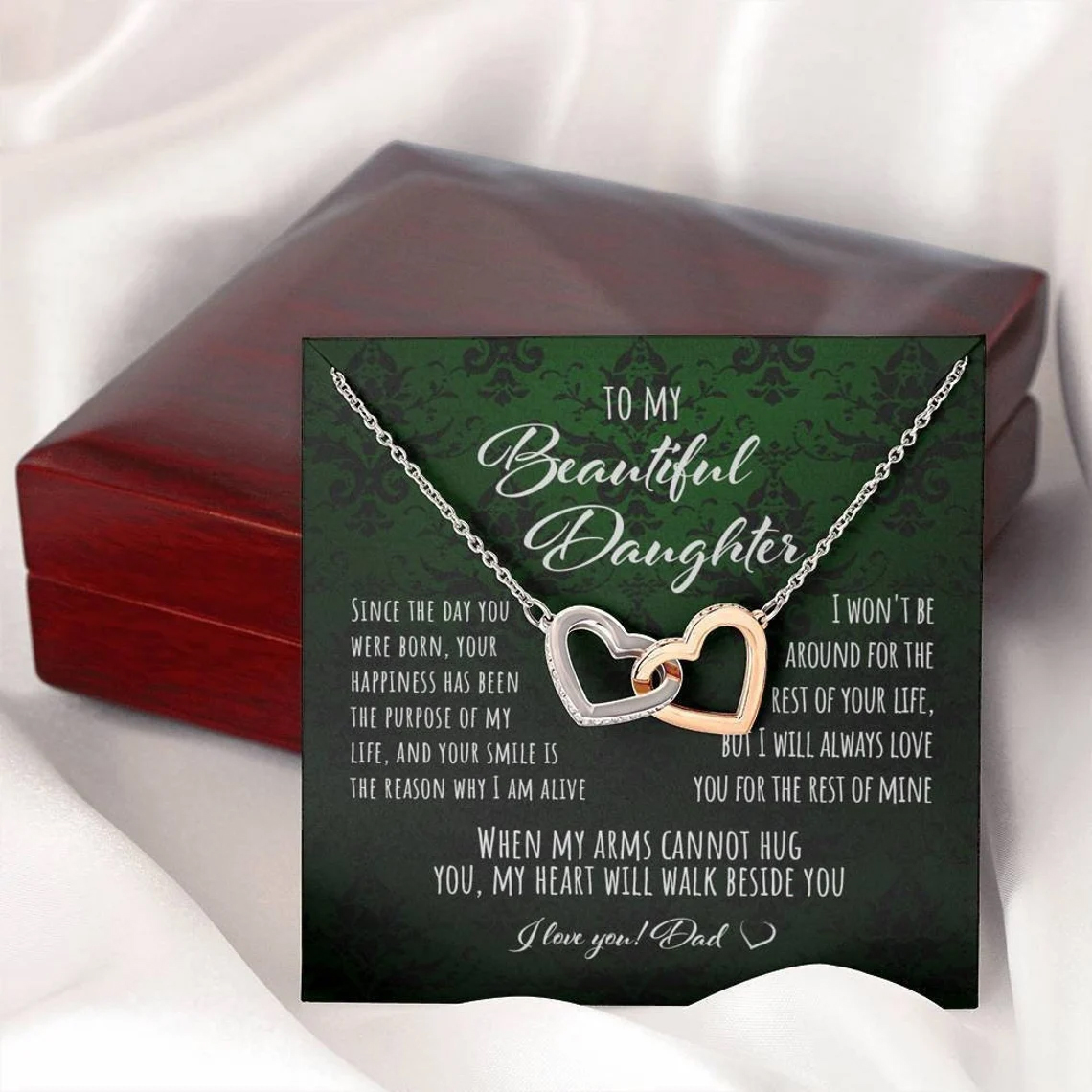 Interlocking hearts necklace with message card in a luxury gift box